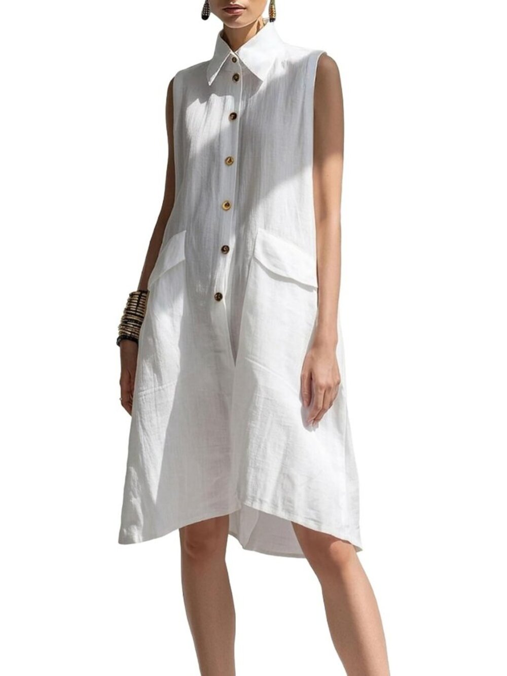 Sleeveless Cotton Linen Midi Dress with Pockets - Casual Loose Fit Summer Style